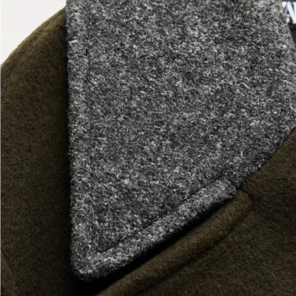NWT Zara Monteco Wool Double-Breasted Long Coat with Gray Collar/ Olive Green M - Picture 9 of 16